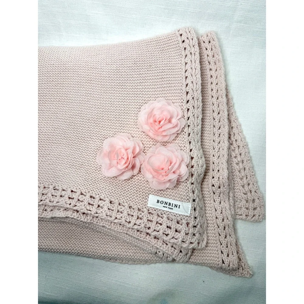 Bonbini New York Blush Pink Cotton Baby Blanket Rosette Appliqué 0-6M 33x46